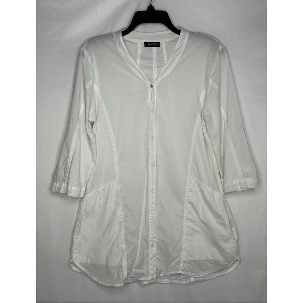 XCVI Womens White 100% Cotton Button Front Tunic Top 3/4 Sleeve Pockets Large